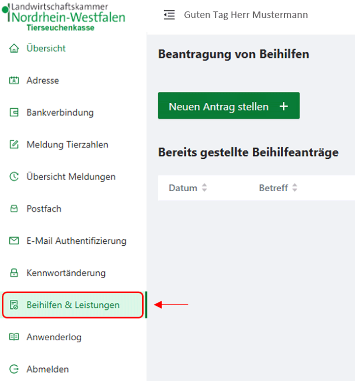 Menüpunkt Beihilfe und Leistungen
